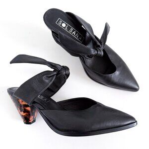 Sol Sana Arthur Black Leather Tortoise Heel Mules 37 (6) Tie Strap Pointed Toe
